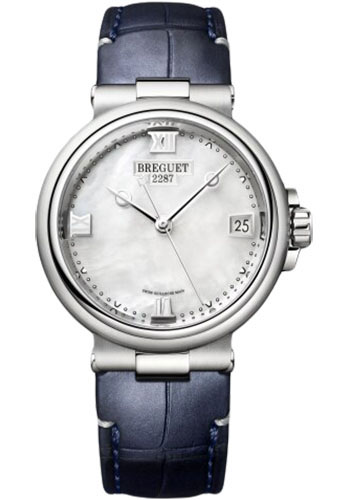 Breguet Marine Stainless Steel 33.80 MM - Bluee Leather Strap - Mother-Of-Pearl Dial - 9517ST/5W/984