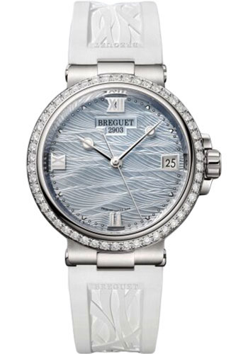 Breguet Marine White Gold 33.80 MM - White Leather Strap - Diamond Bezel - Marea Mother-Of-Pearl Dial - 9518BB/V2/584/D000