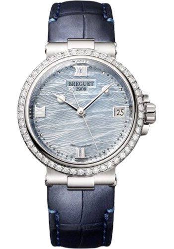 Breguet Marine White Gold 33.80 MM - Blue Leather Strap - Diamond Bezel - Marea Mother-Of-Pearl Dial - 9518BB/V2/984/D000