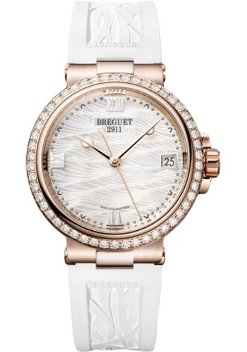 Breguet Marine Rose Gold 33.80 MM - White Rubber Strap - Diamond Bezel - Marea Mother-Of-Pearl Dial - 9518BR/52/584/D000