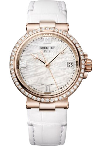 Breguet Marine Rose Gold 33.80 MM - White Leather Strap - Diamond Bezel - Marea Mother-Of-Pearl Dial - 9518BR/52/984/D000