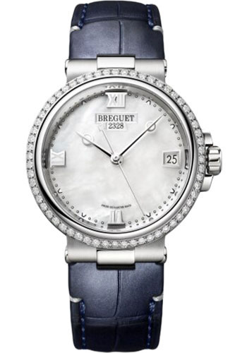 Breguet Marine Stainless Steel 33.80 MM - Blue Leather Strap - Diamond Bezel - Mother-Of-Pearl Dial - 9518ST/5W/984/D000