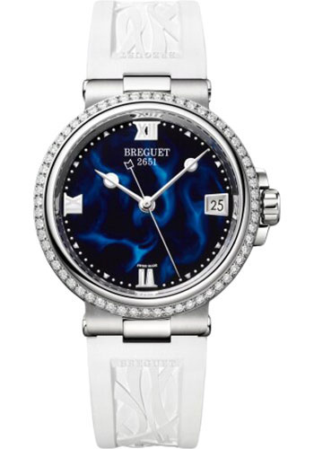 Breguet Marine Stainless Steel 33.80 MM - White Rubber Strap - Diamond Bezel - Blue Dial - 9518ST/E2/584/D000