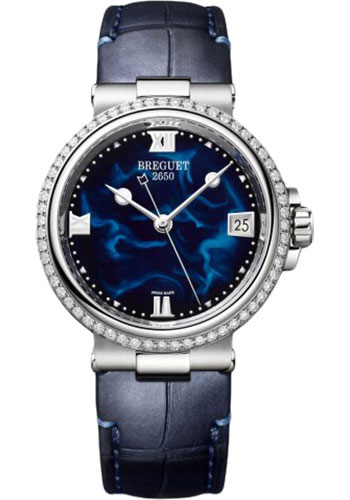 Breguet Marine Stainless Steel 33.80 MM - Blue Leather Strap - Diamond Bezel - Blue Dial - 9518ST/E2/984/D000