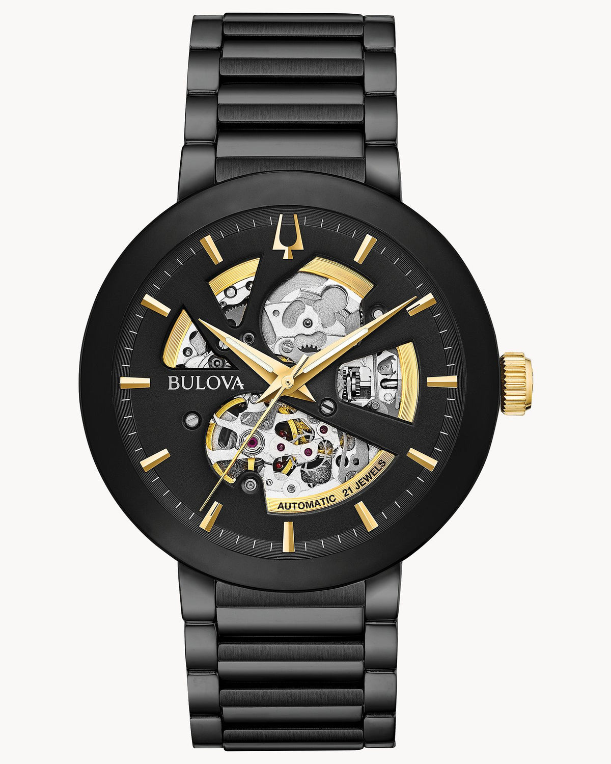 Bulova Futuro Automatic - 42 MM - Black Ion-Plated Stainless Steel - Black Skeleton Dial - Gold-Tone Accents - Black Bracelet - 98A203
