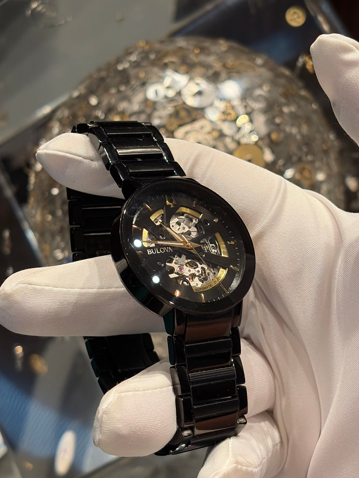 Bulova Futuro Automatic - 42 MM - Black Ion-Plated Stainless Steel - Black Skeleton Dial - Gold-Tone Accents - Black Bracelet - 98A203