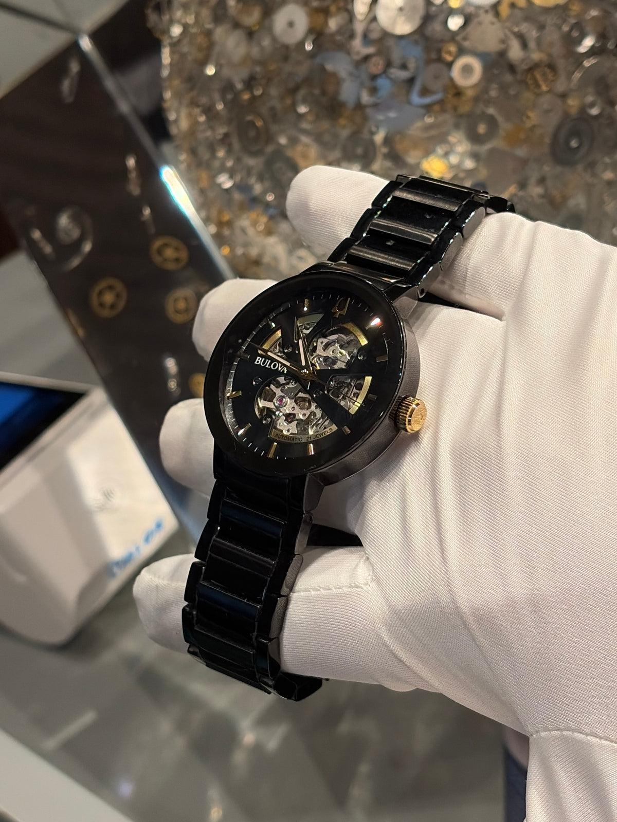 Bulova Futuro Automatic - 42 MM - Black Ion-Plated Stainless Steel - Black Skeleton Dial - Gold-Tone Accents - Black Bracelet - 98A203