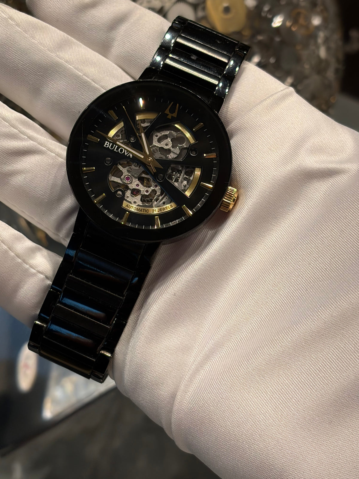 Bulova Futuro Automatic - 42 MM - Black Ion-Plated Stainless Steel - Black Skeleton Dial - Gold-Tone Accents - Black Bracelet - 98A203