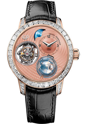 Girard-Perregaux Bridge Pink Gold 48 MM - Black Leather Strap - Diamond Bezel - Gold Dial - 99290B52P951-BA6A