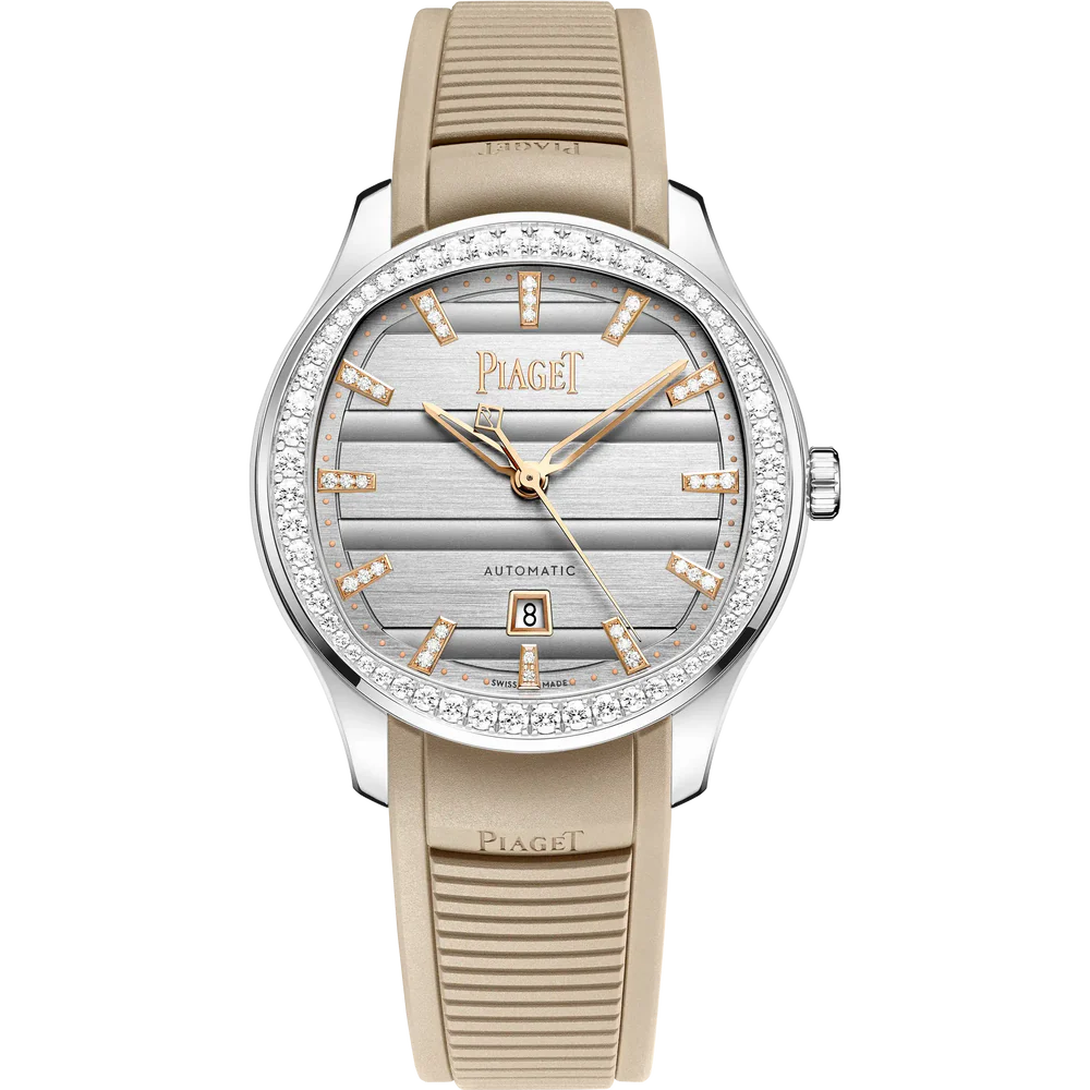 Piaget Polo Signature Date - Stainless Steel - 36 MM - Beige Rubber Strap - Diamond Bezel - Diamond-Set Silver Dial - G0A51011