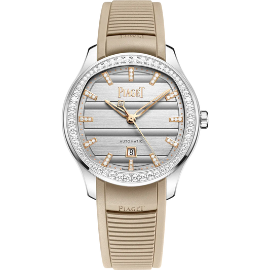 Piaget Polo Signature Date - Stainless Steel - 36 MM - Beige Rubber Strap - Diamond Bezel - Diamond-Set Silver Dial - G0A51011