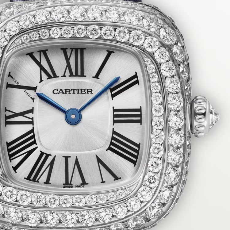 Cartier Coussin de Cartier White Gold 27.1 MM - Blue Calfskin Strap - Diamond Bezel - Silvered Sunray Dial - WJCS0002