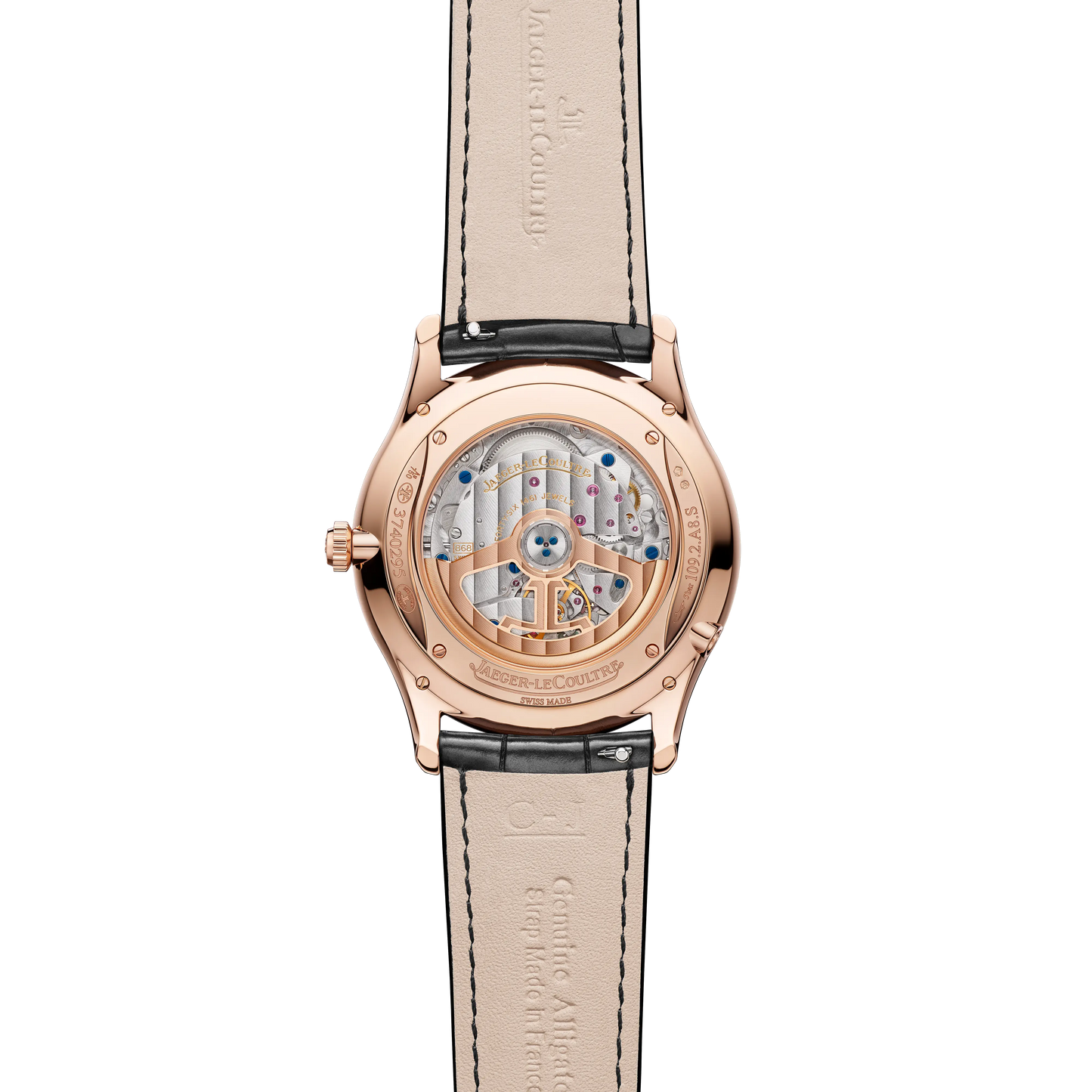 JLC - Master Ultra Thin Perpetual Calendar - 39 MM - Pink Gold - Eggshell Beige Dial - Diamond Bezel - Black Leather Strap - Q1142501