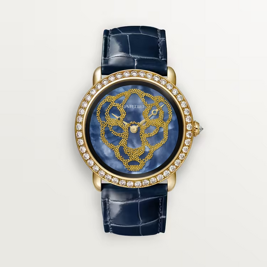 Cartier Révélation d'une Panthère Yellow Gold 37 MM - Shiny Blue Alligator Leather Strap - Diamond Bezel - Blue Mother-of-Pearl Dial - HPI01354