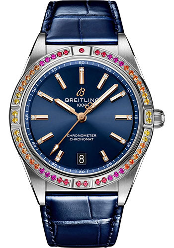 Breitling Chronomat Stainless Steel 36 MM - Blue Leather Strap - Diamond Bezel - Blue Dial - A10380611C1P1