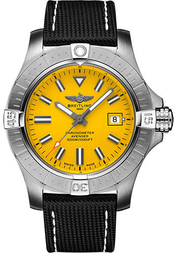 Breitling Avenger Stainless Steel 45 MM - Anthracite Calfskin Leather Strap - Yellow  Dial - A17319101I1X1