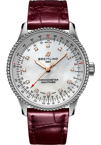 Breitling Navitimer Stainless Steel 35 MM - Burgundy Leather Strap - Mother-Of-Pearl Dial - A17395211A1P1