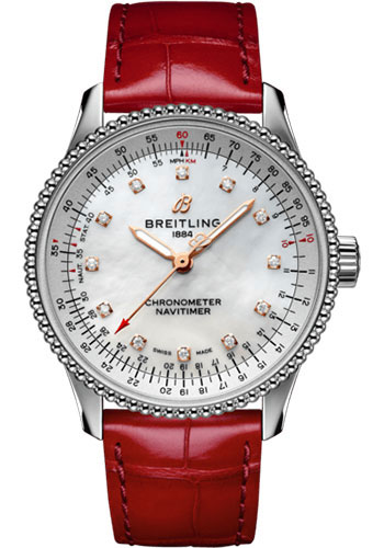 Breitling Navitimer Stainless Steel 35 MM - Red Leather Strap - Mother-Of-Pearl Dial -  A17395211A1P5