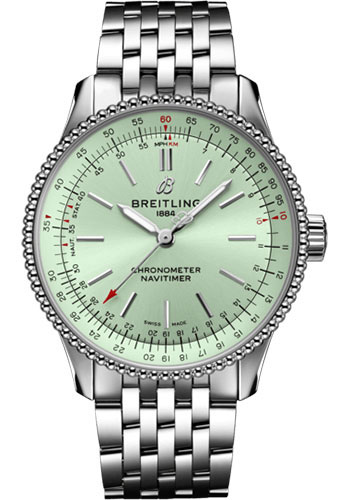 Breitling Navitimer Stainless Steel 35 MM - Metal Bracelet - Mint Green Dial -  A17395361L1A1