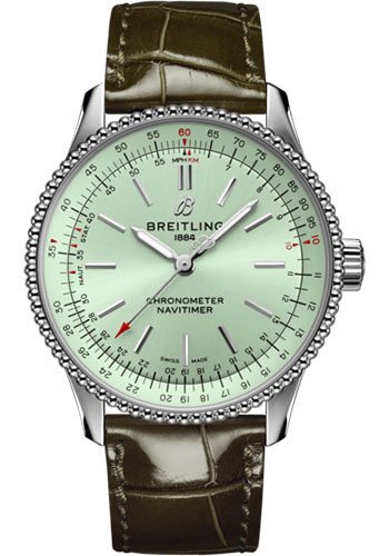 Breitling Navitimer Stainless Steel 35 MM - Green Leather Strap - Mint Green  Dial - A17395361L1P1