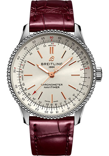 Breitling Navitimer Stainless Steel 35 MM - Burgundy Leather Strap - Silver Dial - A17395F41G1P1