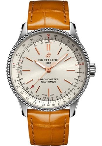 Breitling Navitimer Stainless Steel 35 MM - Gold Brown Leather Strap - Silver Dial - A17395F41G1P3