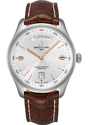 Breitling Premier Stainless Steel 40 MM - Brown Leather Strap - Silver Dial - A45340211G1P1