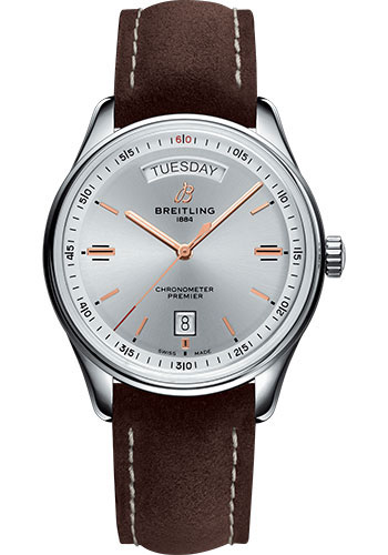 Breitling Premier Stainless Steel 40 MM - Brown Leather Strap - Silver Dial - A45340211G1X1