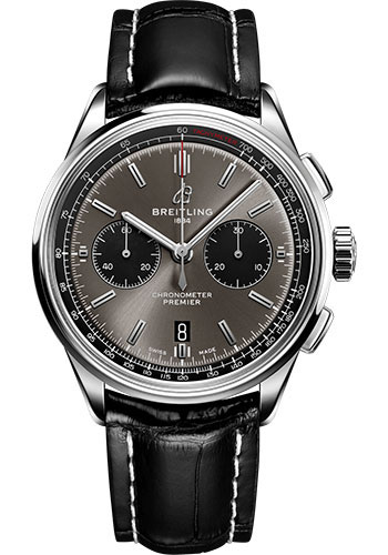 Breitling Premier Stainless Steel 42 MM - Black Leather Strap - Blackeye Gray Dial - AB0118221B1P1