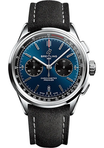 Breitling Premier Stainless Steel 42 MM - Anthracite Leather Strap - Blue Dial - AB0118221C1X3