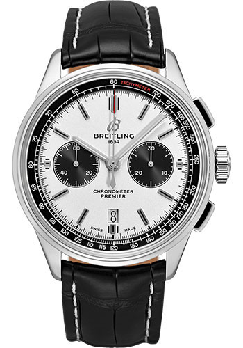 Breitling Premier Stainless Steel 42 MM - Black Leather Strap - Silver Dial - AB0118221G1P1