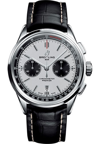 Breitling Premier Stainless Steel 42 MM - Black Leather Strap - Silver Dial - AB0118221G1P2