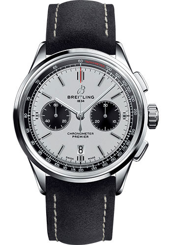 Breitling Premier Stainless Steel 42 MM - Anthracite Nubuck Strap - Silver Dial - AB0118221G1X1