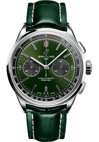 Breitling Premier Stainless Steel 42 MM - Green Leather Strap - Green Dial - AB0118221L1P1