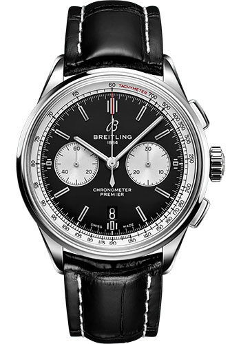 Breitling Premier Stainless Steel 42 MM - Black Leather Strap - Black Dial - AB0118371B1P1