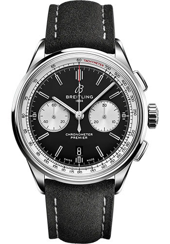 Breitling Premier Stainless Steel 42 MM - Anthracite Leather Strap - Black Dial - AB0118371B1X1