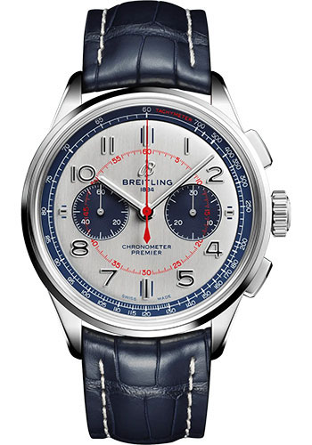 Breitling Premier Stainless Steel 42 MM - Blue Leather Strap - Silver Dial - AB0118A71G1P1