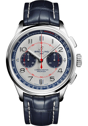 Breitling Premier Stainless Steel 42 MM - Blue Leather Strap - Silver Dial - AB0118A71G1P2