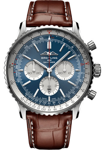 Breitling Navitimer Stainless Steel 46 MM - Brown Leather Strap - Blue Dial - AB0137211C1P1