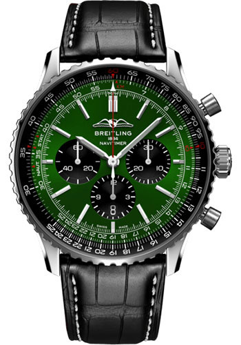 Breitling Navitimer Stainless Steel 46 MM - Black Leather Strap - Green Dial - AB0137241L1P1