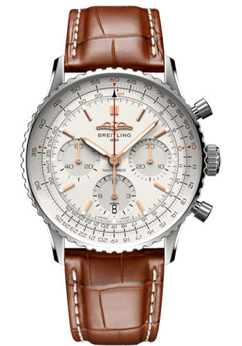 Breitling Navitimer Stainless Steel 41 MM - Gold Brown Leather Strap - Silver Dial - AB0139211G1P1