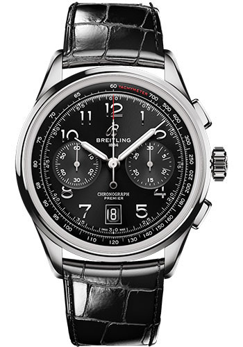 Breitling Premier Stainless Steel 42 MM - Black Leather Strap - Black Dial - AB0145221B1P1