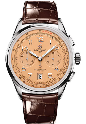 Breitling Premier Stainless Steel 42 MM - Brown Leather Strap - Copper Dial - AB0145331K1P1