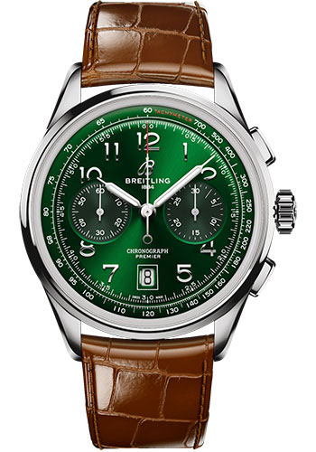 Breitling Premier Stainless Steel 42 MM - Gold Brown Leather Strap - Green Dial - AB0145371L1P1