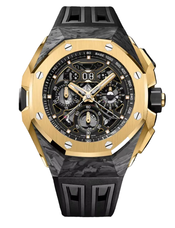 Audemars Piguet Royal Oak Concept Split-Seconds Chronograph GMT Large Date - Limited Edition - 43 MM - CFT Carbon and Yellow Gold - Black Openworked Dial - Black Rubber Strap - 26650FA.OO.D002CA.01