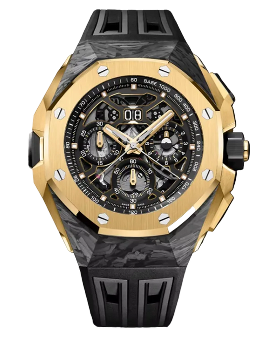 Audemars Piguet Royal Oak Concept Split-Seconds Chronograph GMT Large Date - Limited Edition - 43 MM - CFT Carbon and Yellow Gold - Black Openworked Dial - Black Rubber Strap - 26650FA.OO.D002CA.01