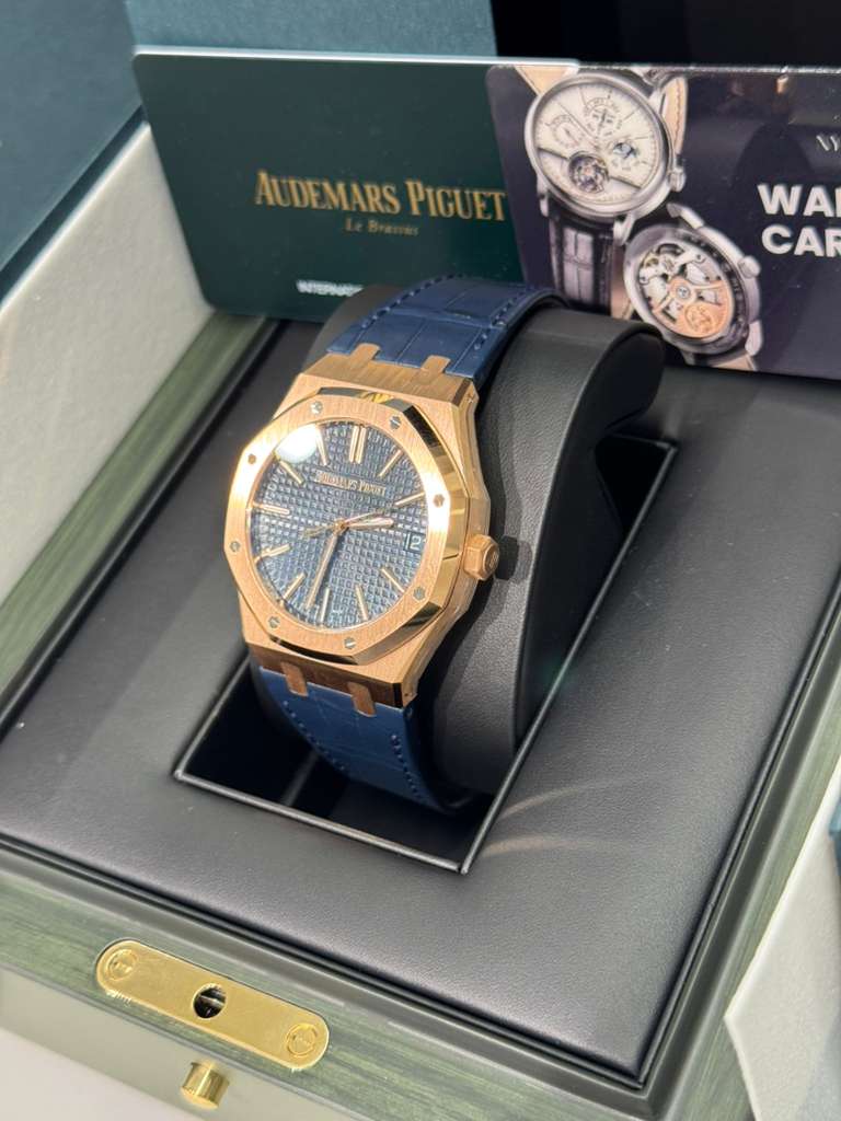 Audemars Piguet Royal Oak Pink Gold Selfwinding 41 MM - Blue Leather Strap - Bleu Nuit Dial - 15510OR.OO.D315CR.01