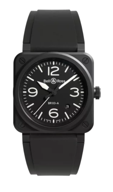 Bell Ross BR 03 Microblasted Black Ceramic 41 MM - Rubber Bracelet - Black Dial - BR03A-BL-CE/SRB