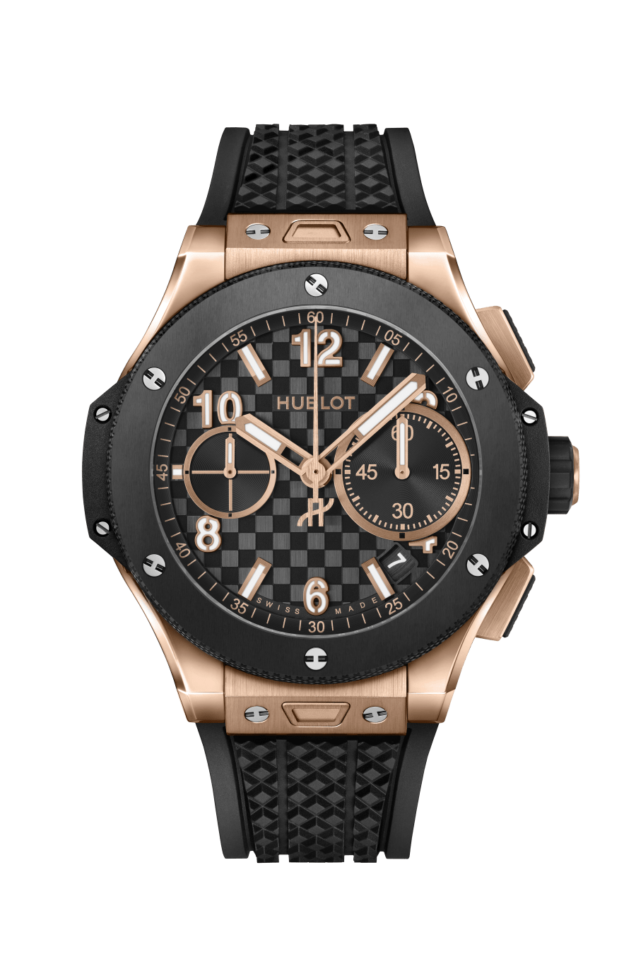 Hublot Big Bang Original Unico - King Gold - Ceramic Bezel - 43 MM - Black Rubber Strap - Black Stamped "Carbon Effect" Dial - 431.OM.1380.RX