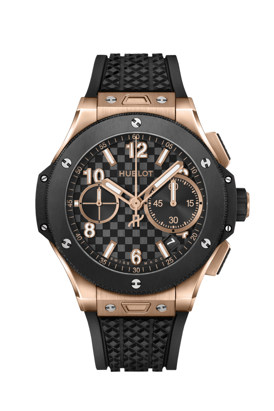 Hublot Big Bang Original Unico - King Gold - Ceramic Bezel - 43 MM - Black Rubber Strap - Black Stamped "Carbon Effect" Dial - 431.OM.1380.RX